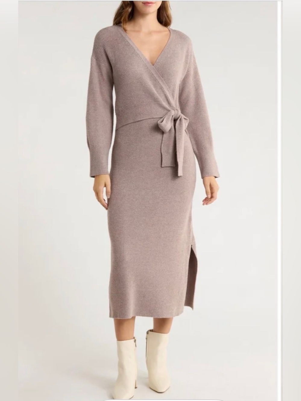 Wayf Taupe Knit Wrap Midi Dress with Side Slit